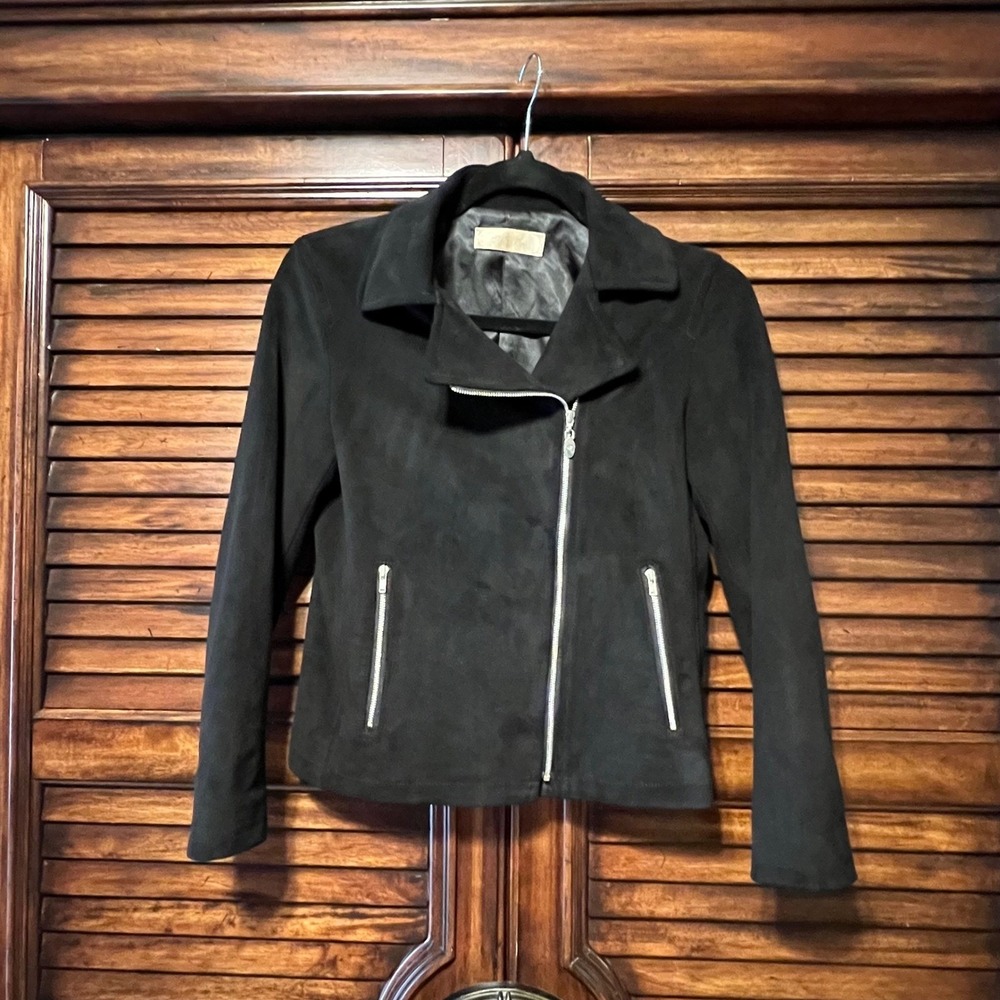 Michell Macaron Woman's Black Faux Suede Moto Biker AsymmetricJacket XS